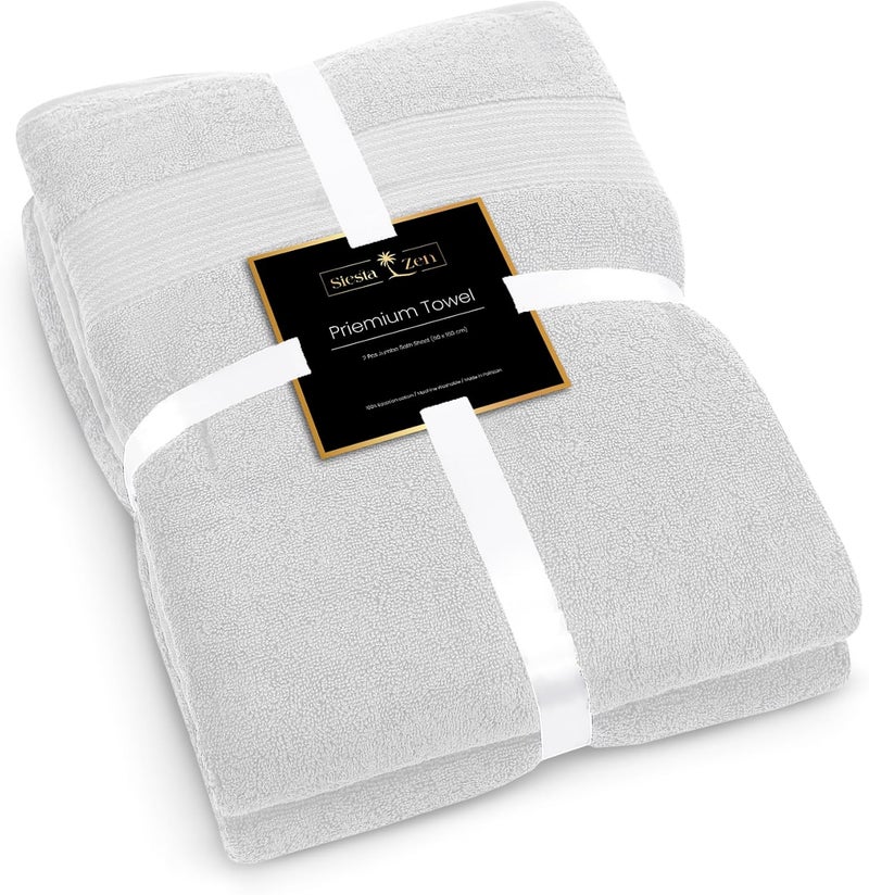 Siesta Zen 2 x Jumbo Bath Towels Extra Large 100% Cotton Premium Quality Jacquard Border Bath Sheet (90x180) - 600 GSM Ultra Absorbent Bathroom Towels Set for Spa Hotel and Home Use (White) - Image 2